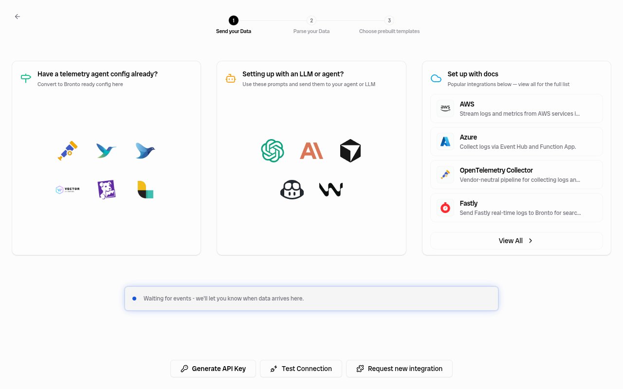 Bronto onboarding wizard showing the Send your Data, Parse your Data, and Choose prebuilt templates steps with a Generate API Key button and no Settings menu