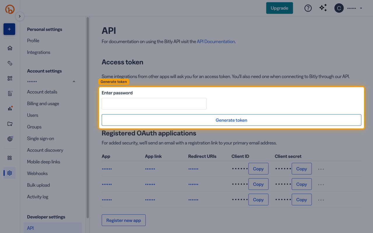 Bitly API settings with the Access token section highlighted, showing the Enter password field and the Generate token button.
