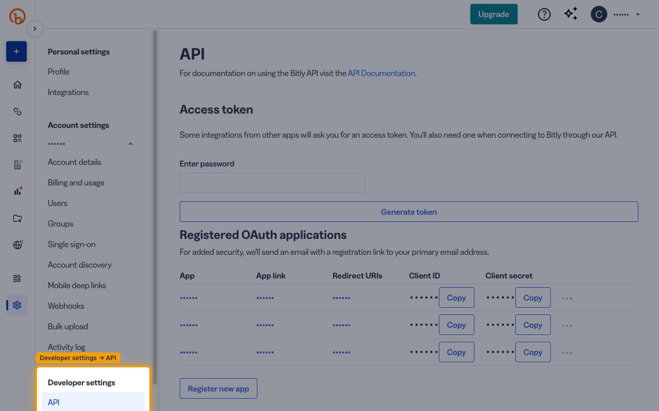 Bitly settings sidebar with the Developer settings section and its API item highlighted, opening the API page where the Registered OAuth applications section is found.