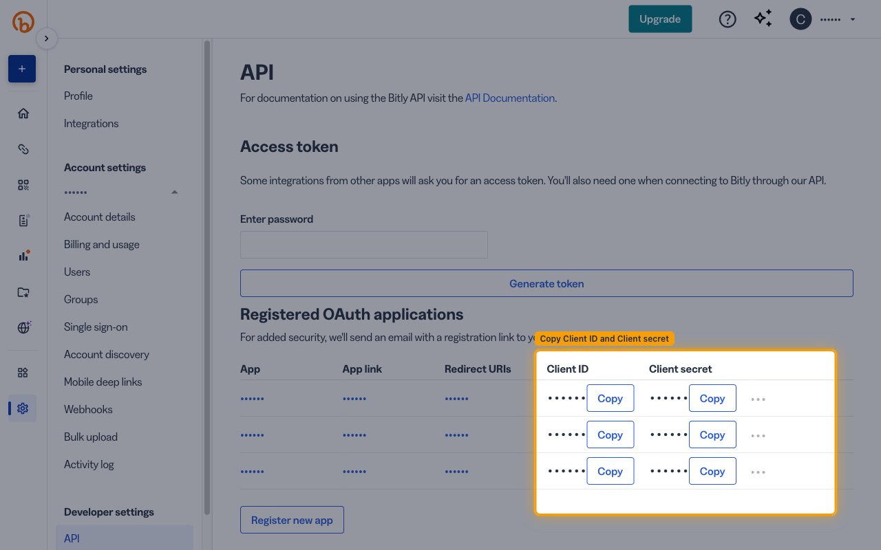 Registered OAuth applications table with the Client ID and Client secret columns highlighted, each with a Copy button (values redacted).