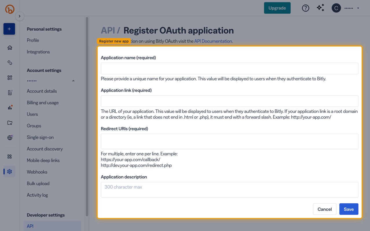 Bitly Register OAuth application form with the Application name, Application link, Redirect URIs and Application description fields.