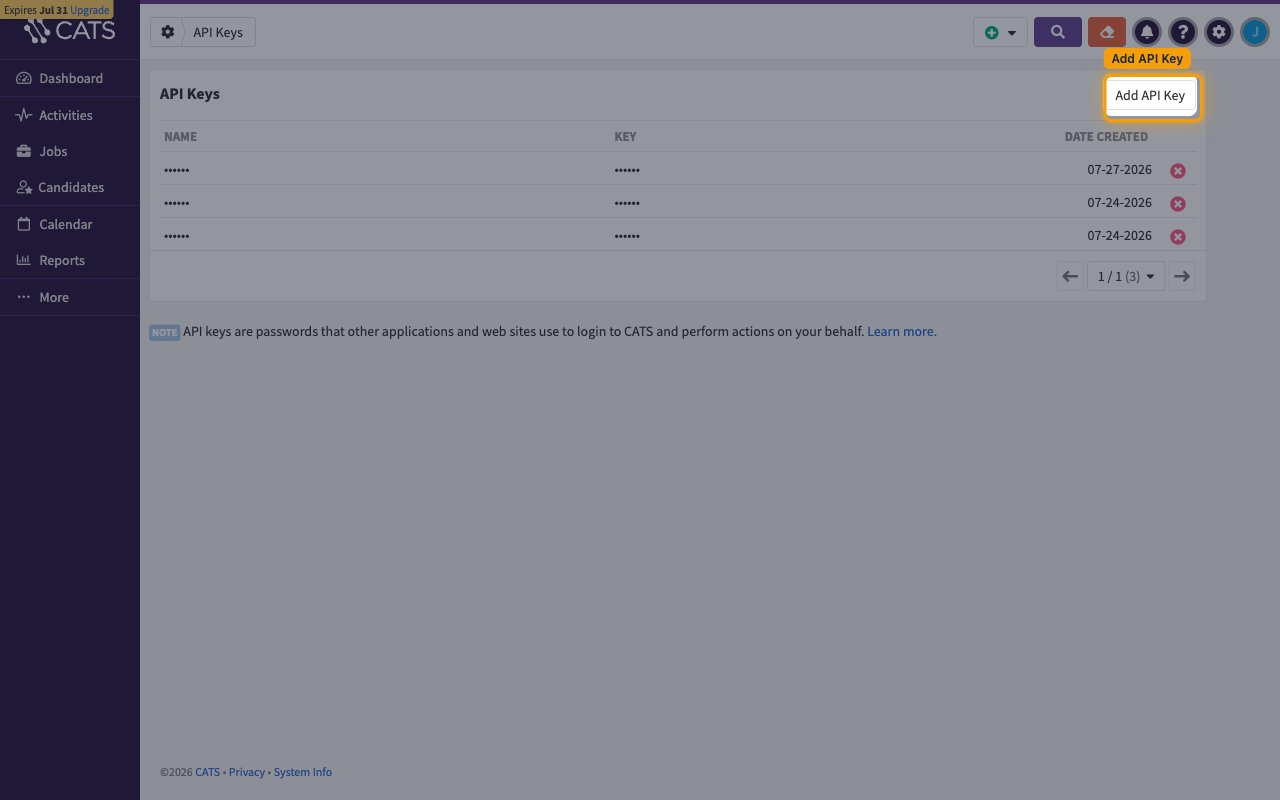 CATS API Keys page with the Add API Key button highlighted (existing keys redacted).