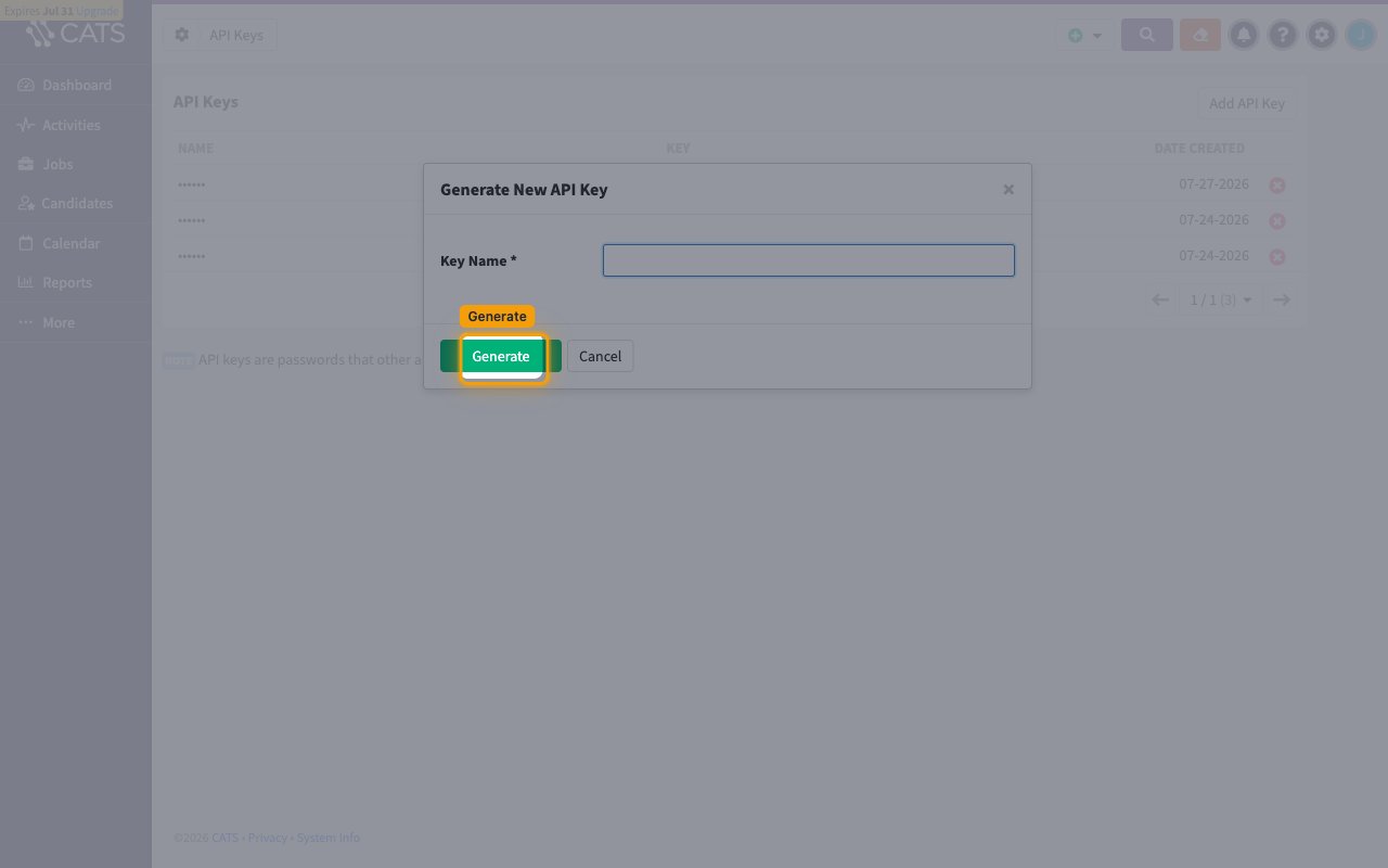 Generate New API Key dialog with the Key Name field and Generate button highlighted.