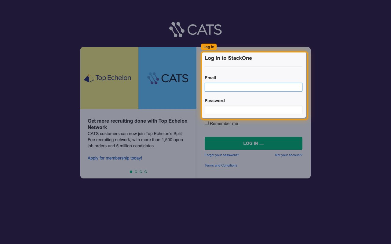 CATS login page with the Email and Password fields highlighted.