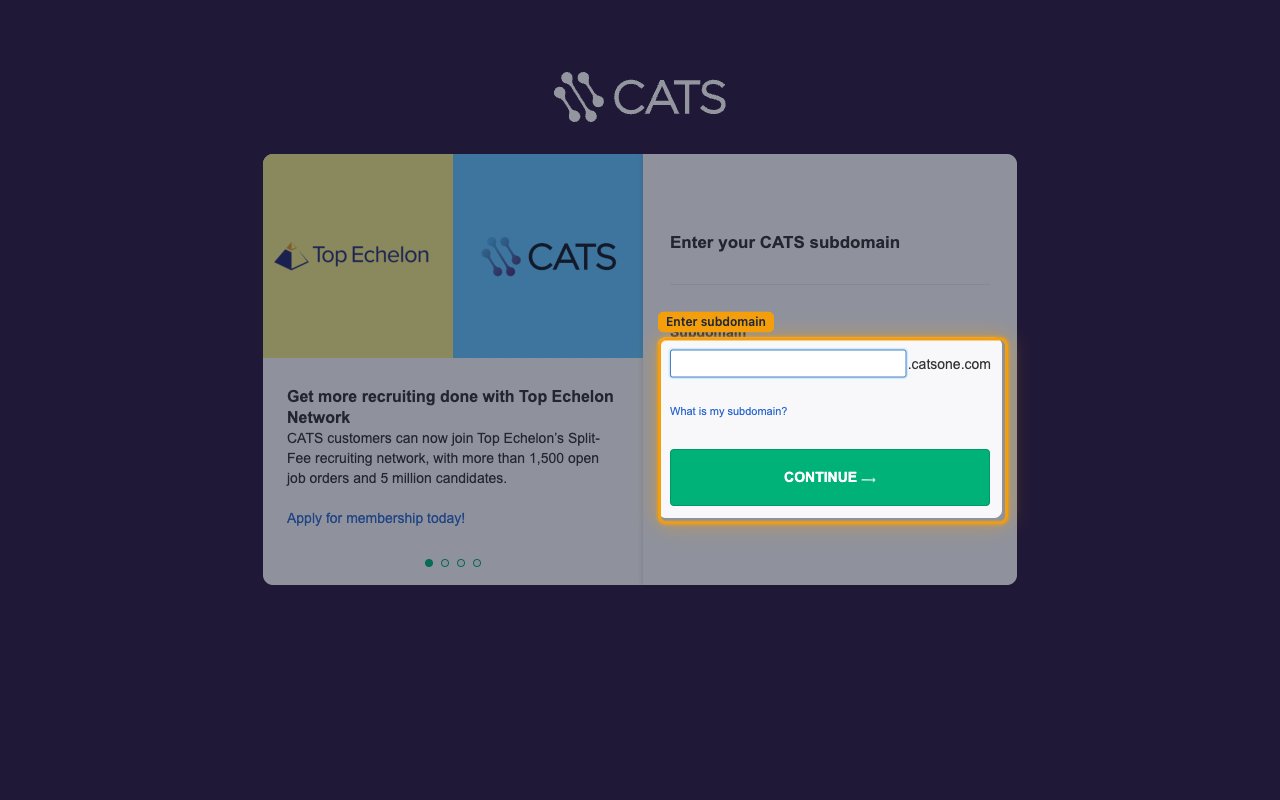 CATS subdomain entry page with the Subdomain field and Continue button highlighted.