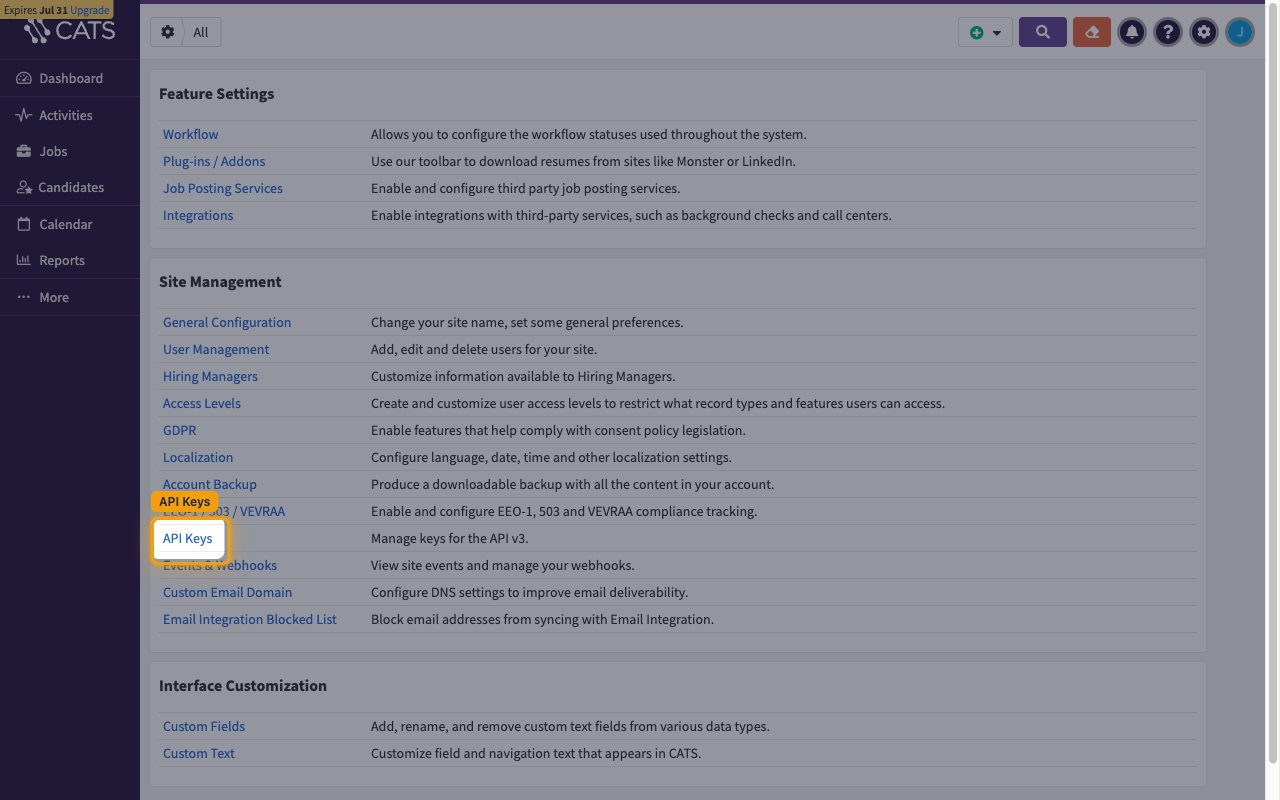CATS Administration page with the API Keys link under Site Management highlighted.