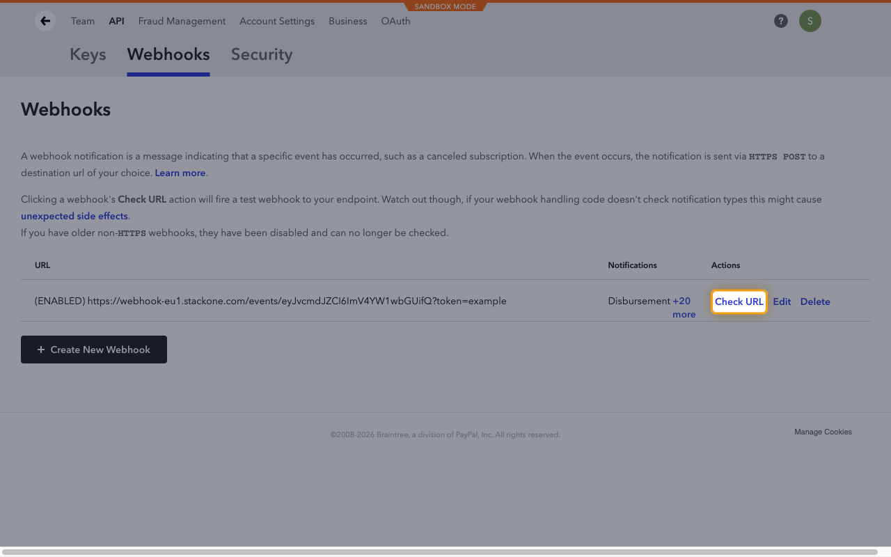 Braintree Webhooks list showing the enabled webhook with the Check URL action highlighted.