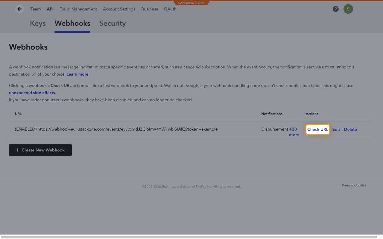 Braintree Webhooks list showing the enabled webhook with the Check URL action highlighted.