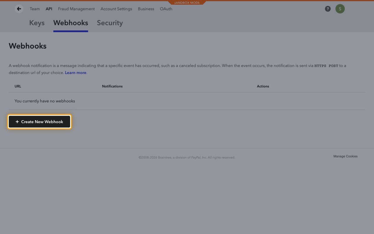 Braintree Webhooks page with no webhooks yet and the Create New Webhook button highlighted.