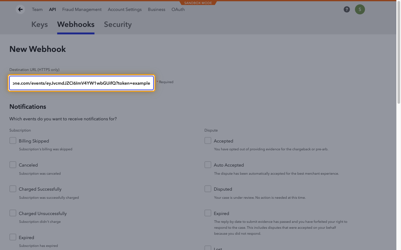 Braintree New Webhook form with the Destination URL (HTTPS only) field highlighted.