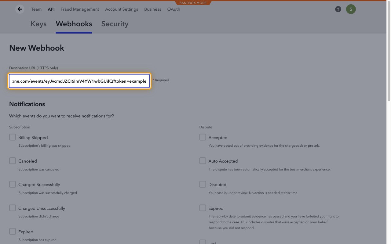 Braintree New Webhook form with the Destination URL (HTTPS only) field highlighted.