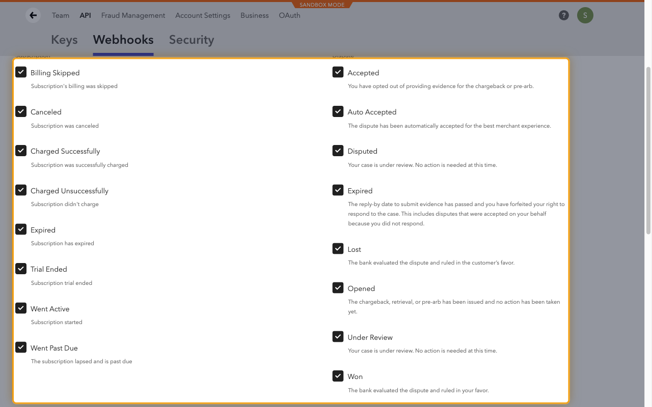 Braintree Notifications checklist with the Subscription and Dispute notifications ticked and highlighted.