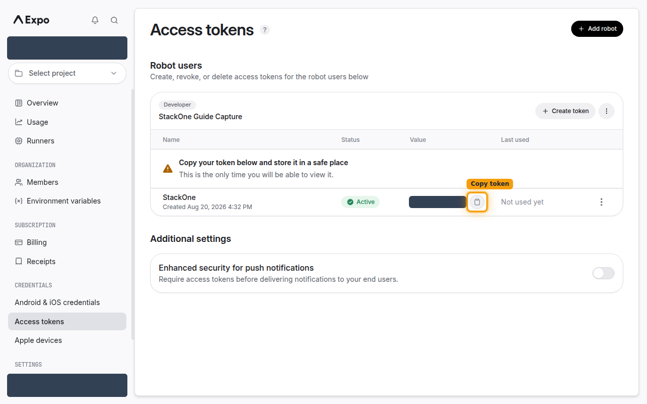 The generated access token row with the copy button highlighted and the token value hidden