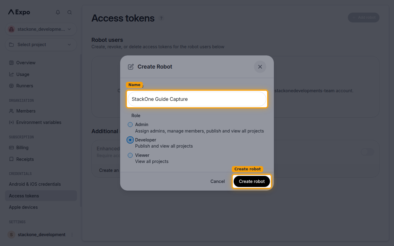 The Create Robot dialog showing the Name field, Role options, and Create robot button