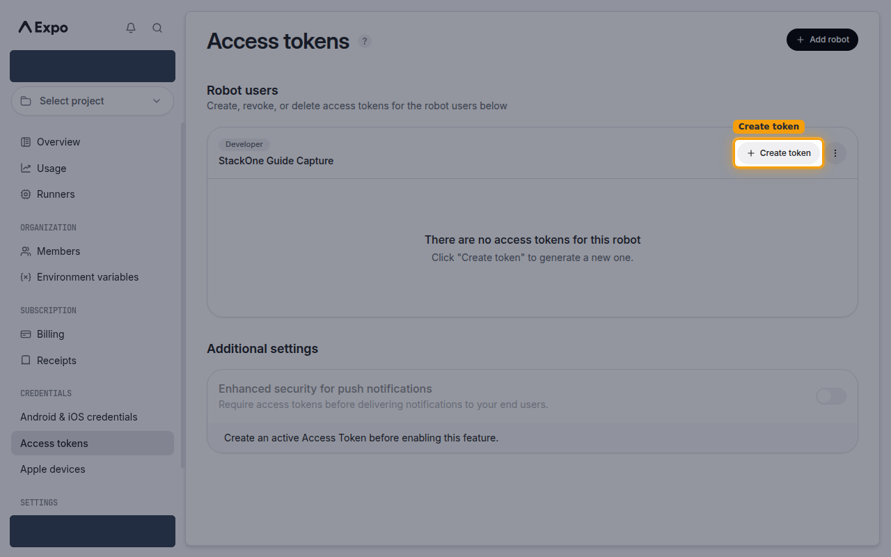 The robot user row with the Create token button highlighted