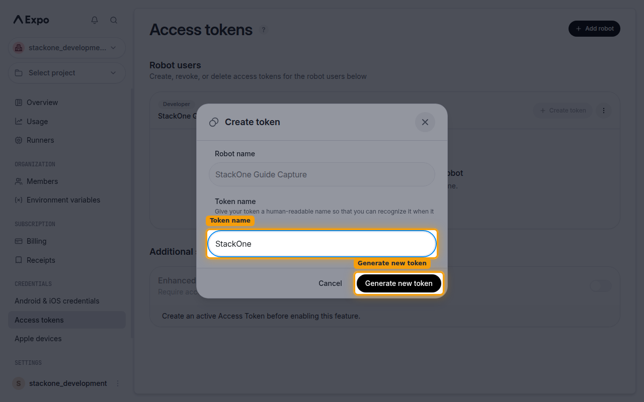 The Create token dialog with the Token name field and Generate new token button
