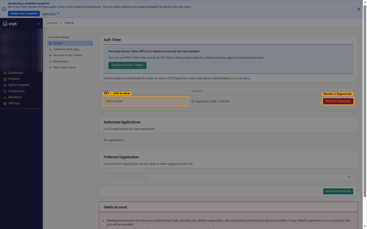 The Snyk Account General settings page showing the Auth Token section with the KEY field and the Revoke & Regenerate button highlighted.