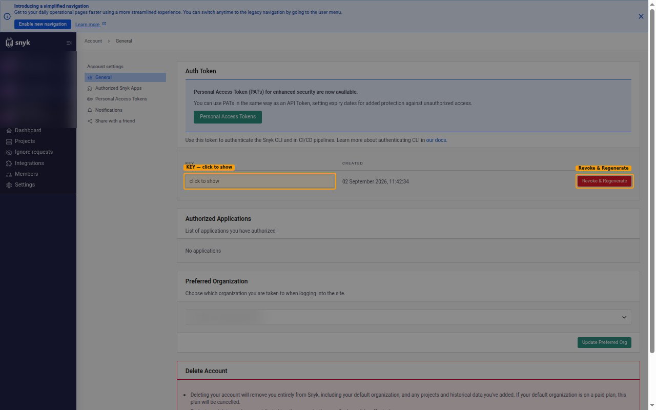 The Snyk Account General settings page showing the Auth Token section with the KEY field and the Revoke & Regenerate button highlighted.