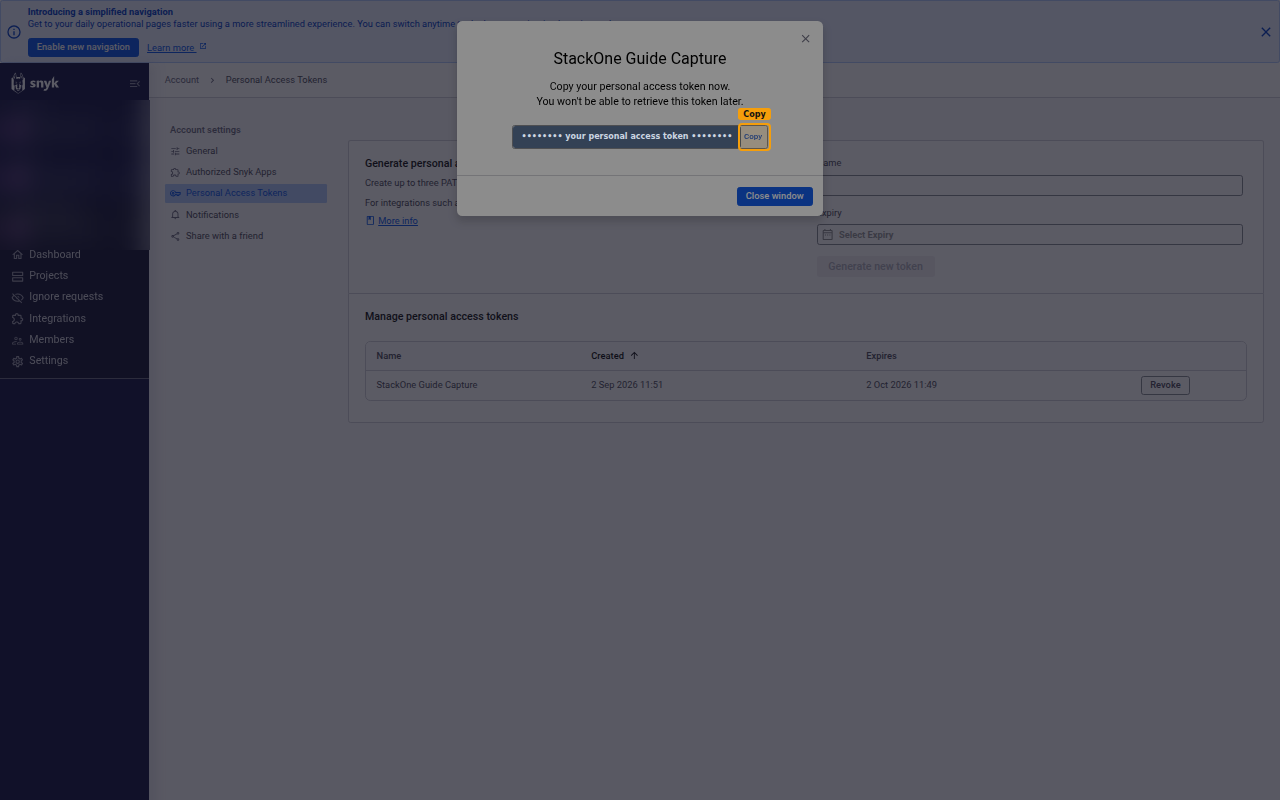 The generated Personal Access Token dialog with the token value masked and the Copy button highlighted.
