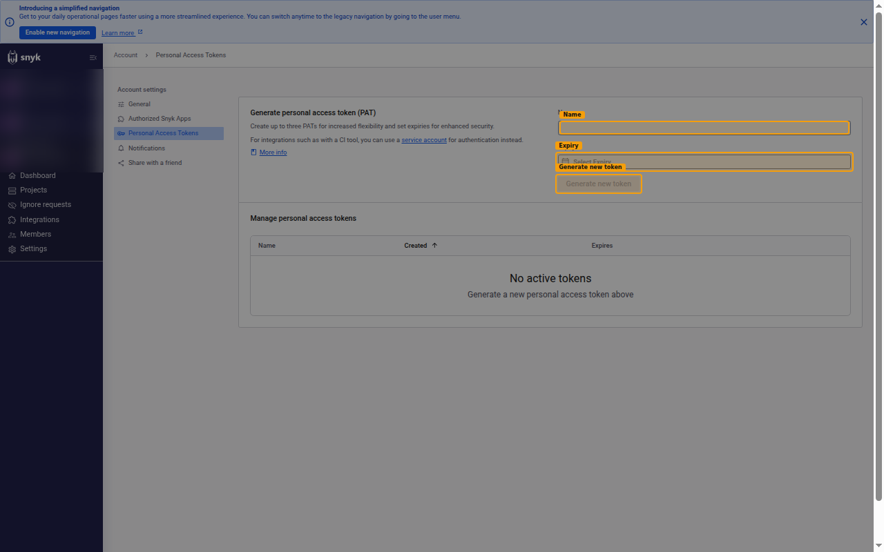 The Snyk Personal Access Tokens page showing the Name field, the Expiry picker and the Generate new token button highlighted.