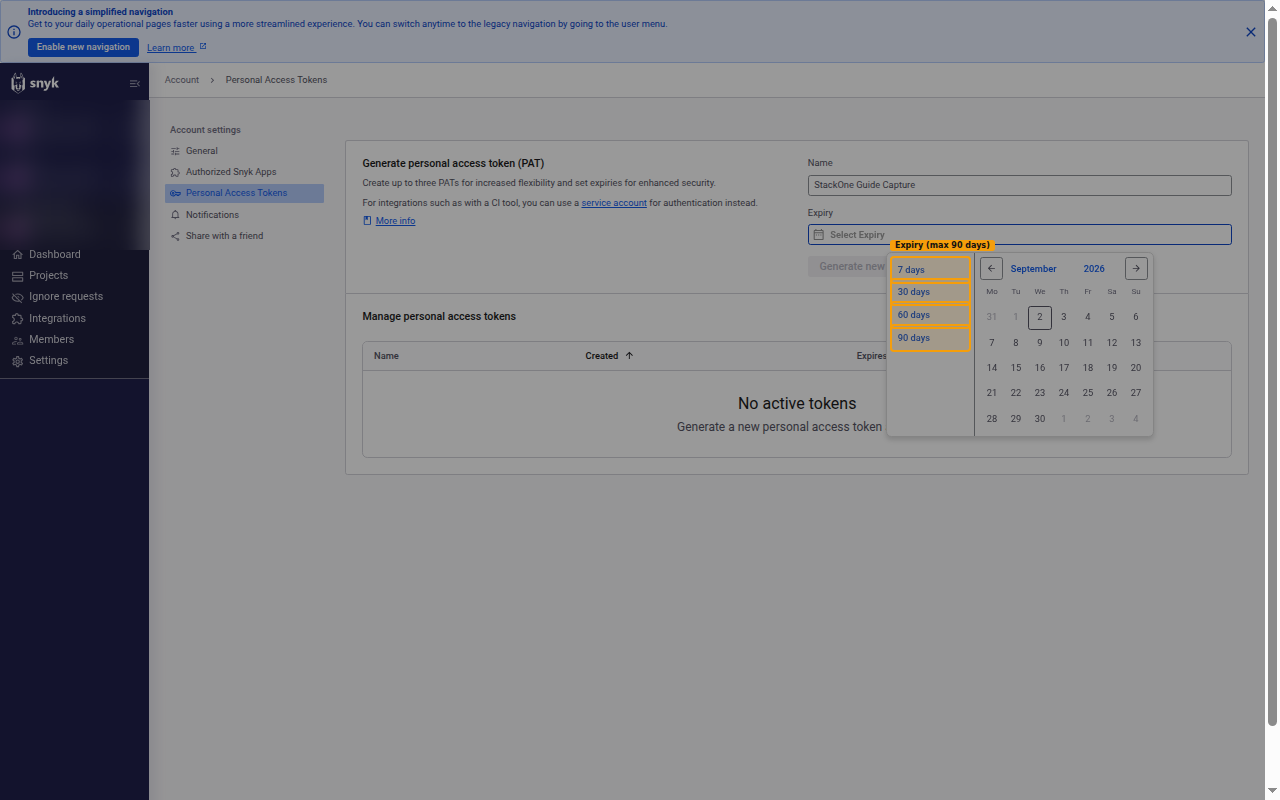 The Expiry picker open on the Snyk Personal Access Tokens page with the 7, 30, 60 and 90 day options highlighted.