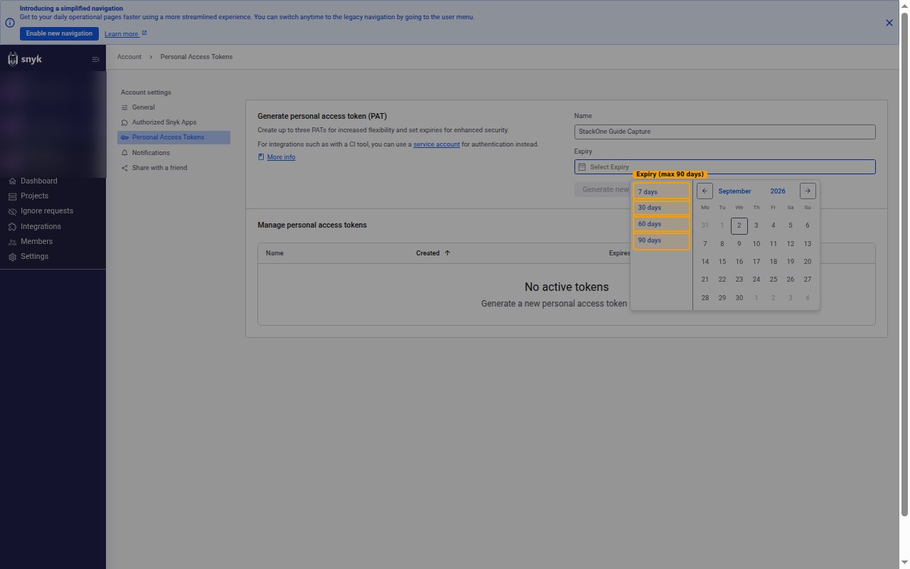 The Expiry picker open on the Snyk Personal Access Tokens page with the 7, 30, 60 and 90 day options highlighted.