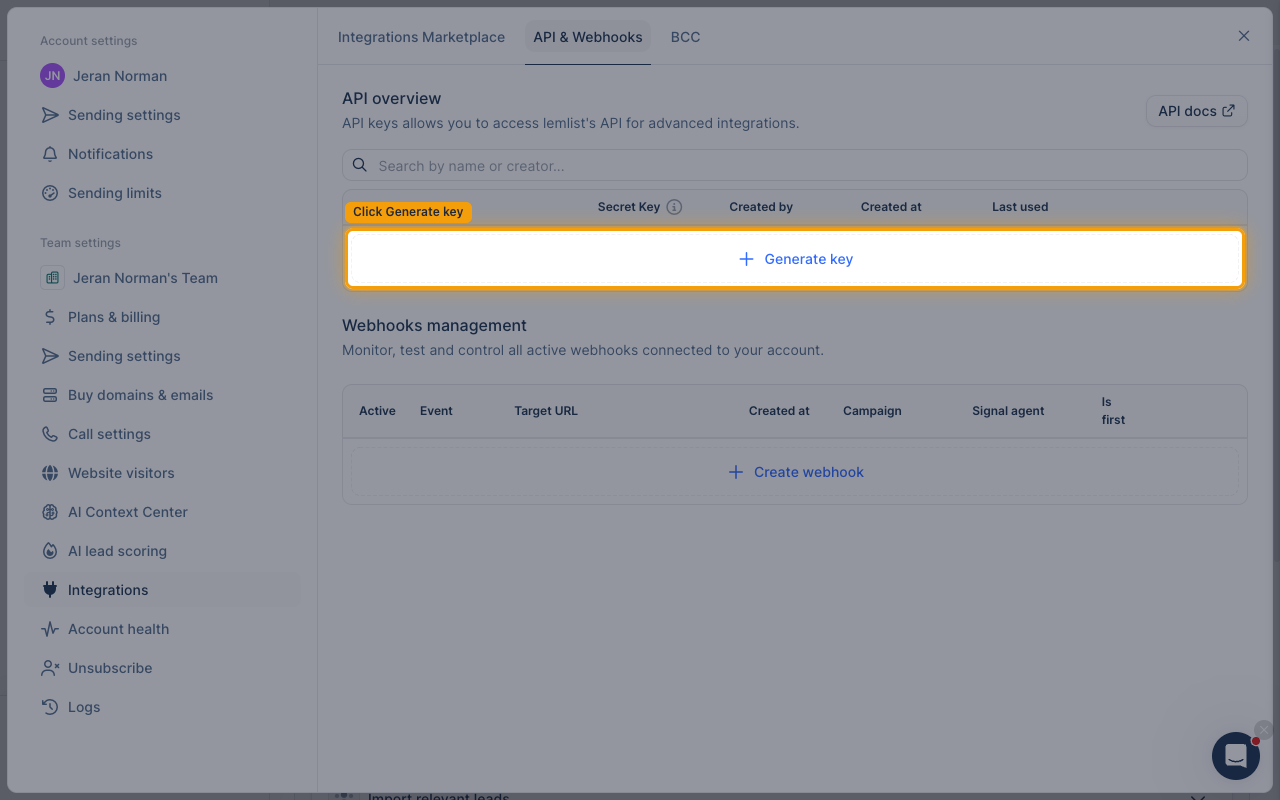 The API & Webhooks tab with the Generate key button highlighted.