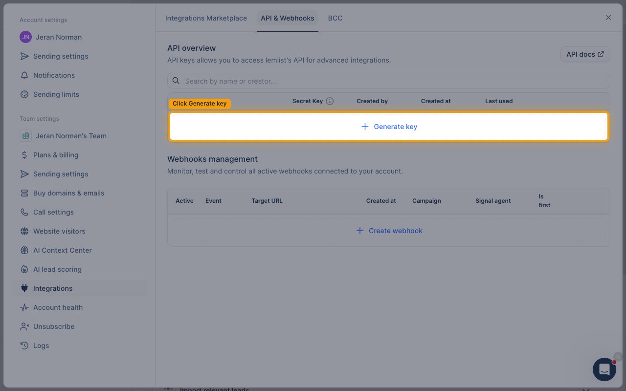 The API & Webhooks tab with the Generate key button highlighted.