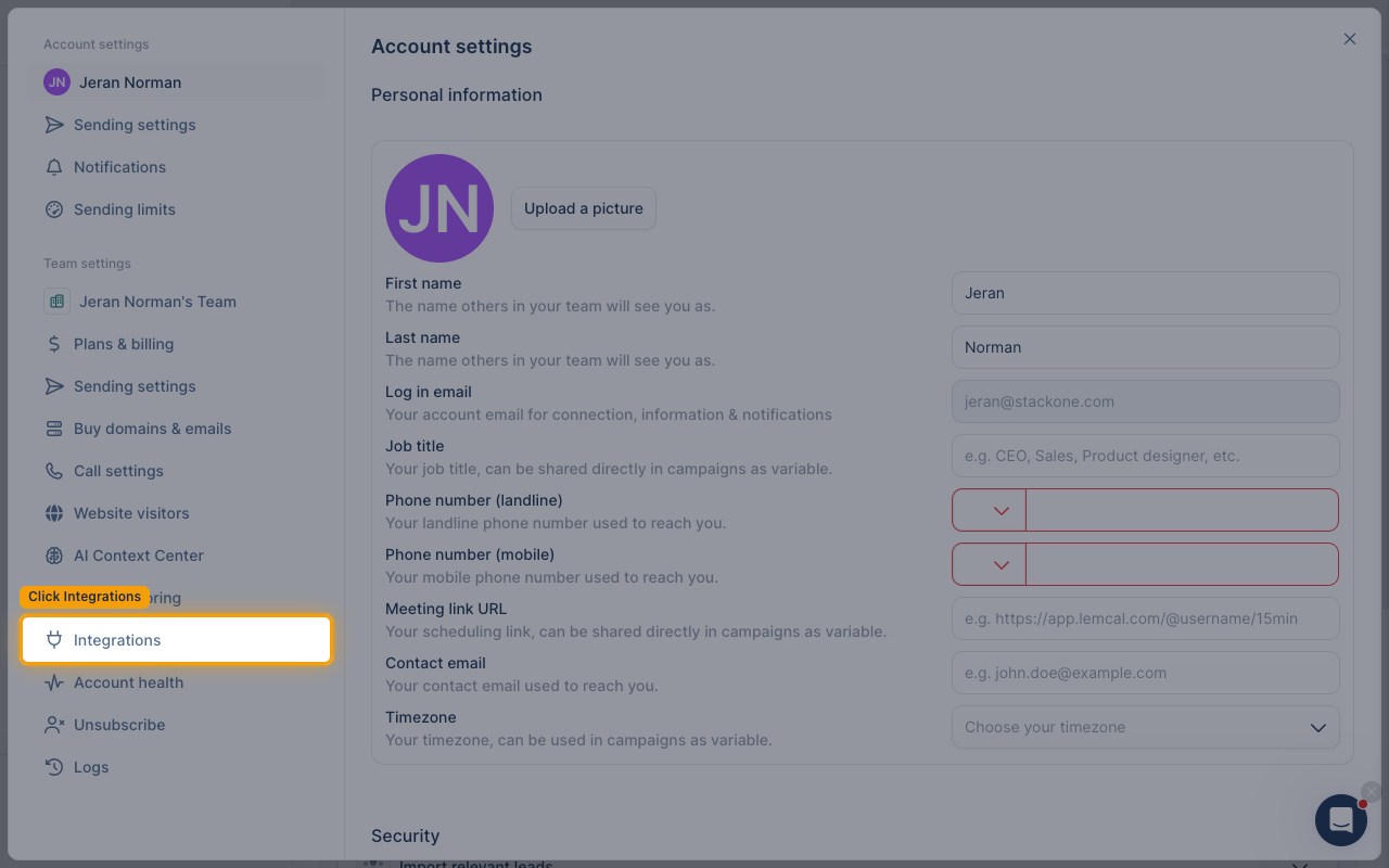The lemlist Settings panel with Integrations highlighted under Team settings.