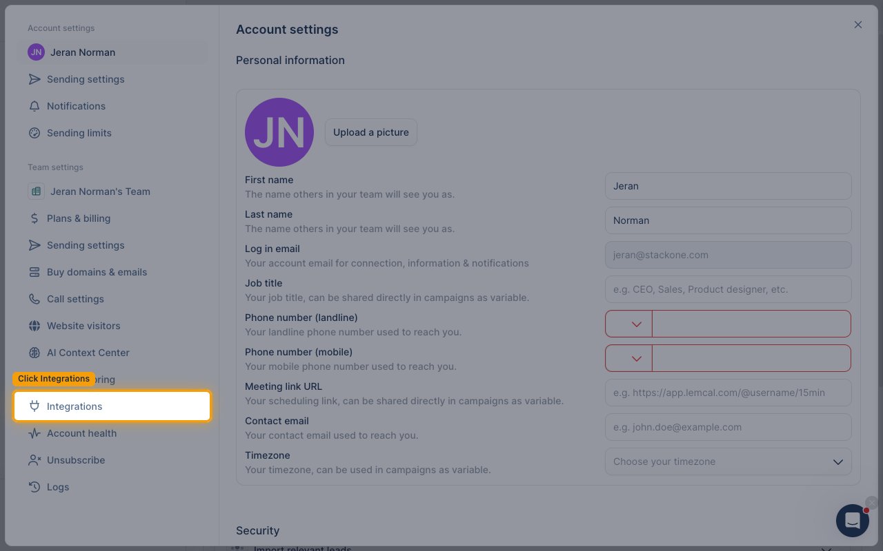 The lemlist Settings panel with Integrations highlighted under Team settings.