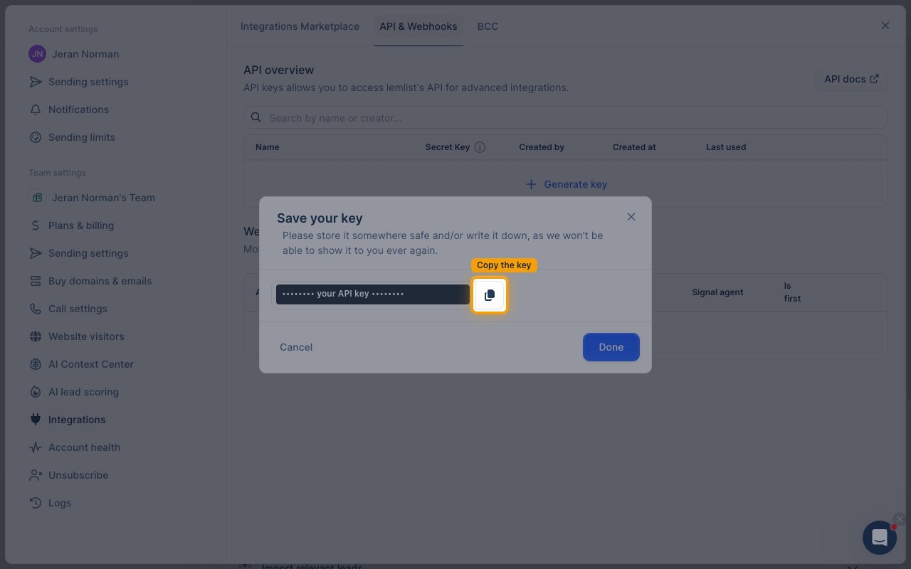 The Save your key dialog with the copy icon highlighted and the key value hidden.