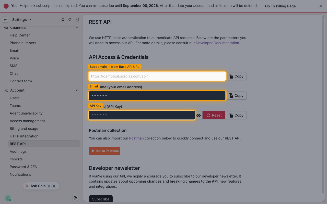 REST API page showing the Base API URL, Username (your email address), and Password (API Key) fields