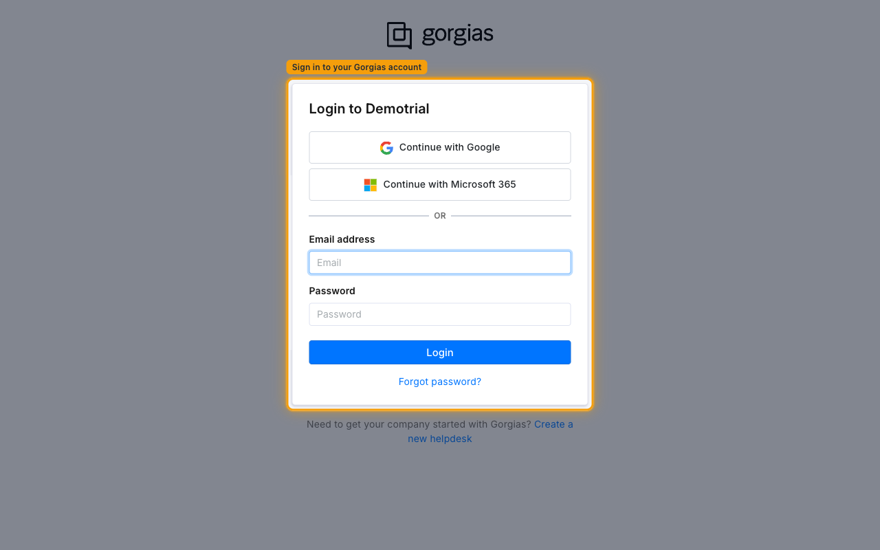 Gorgias login screen with Google, Microsoft 365, and email and password sign-in options