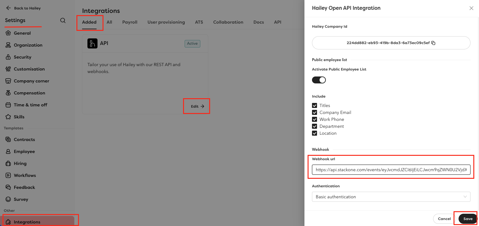 Hailey HR Webhook settings page