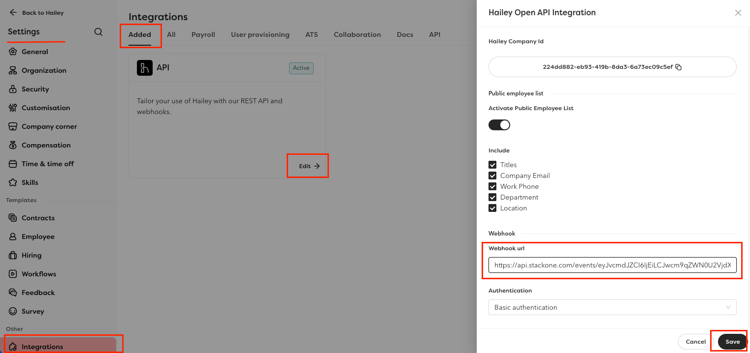 Hailey HR Webhook settings page