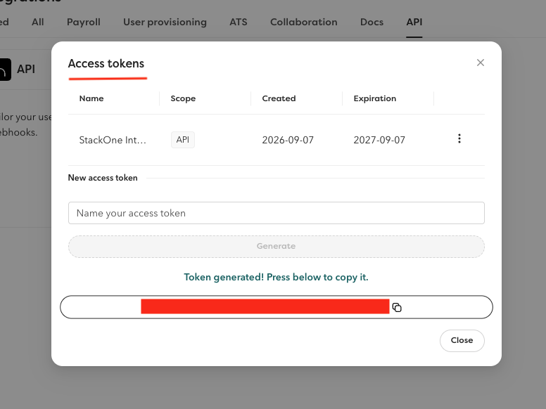 Hailey HR access token page copy