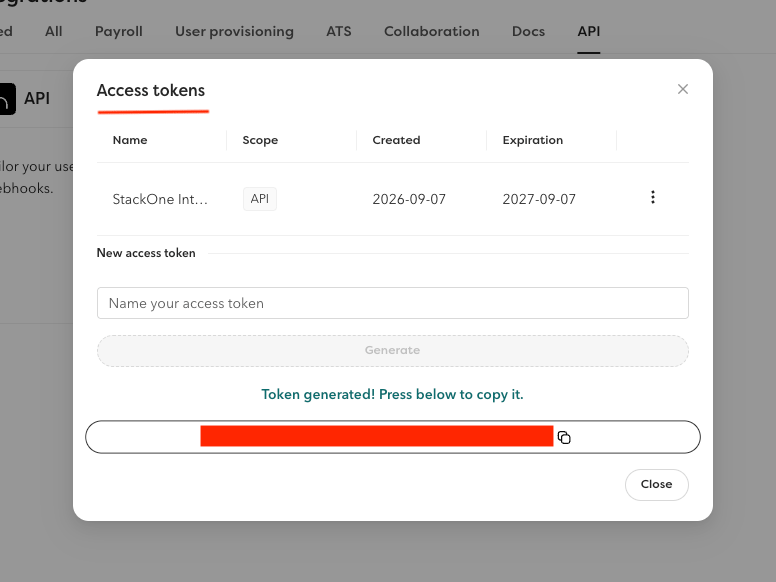 Hailey HR access token page copy