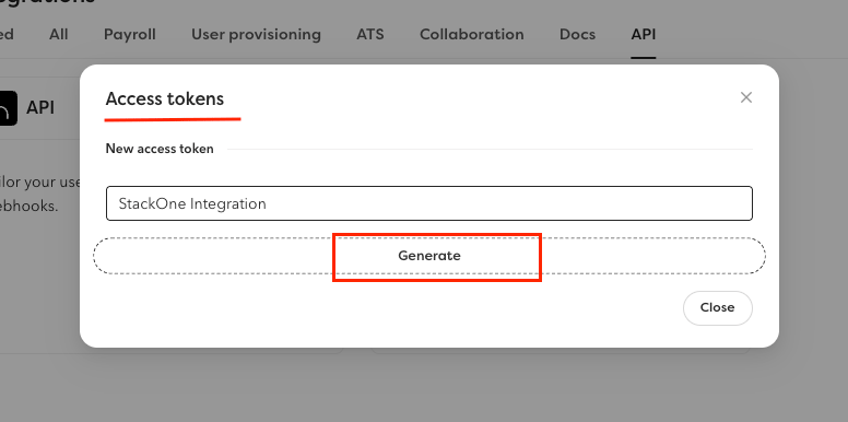 Hailey HR access token creation page