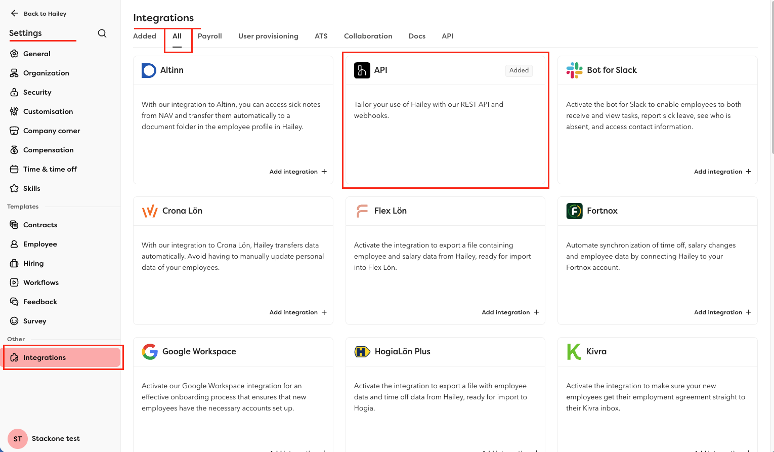Hailey HR API integration page