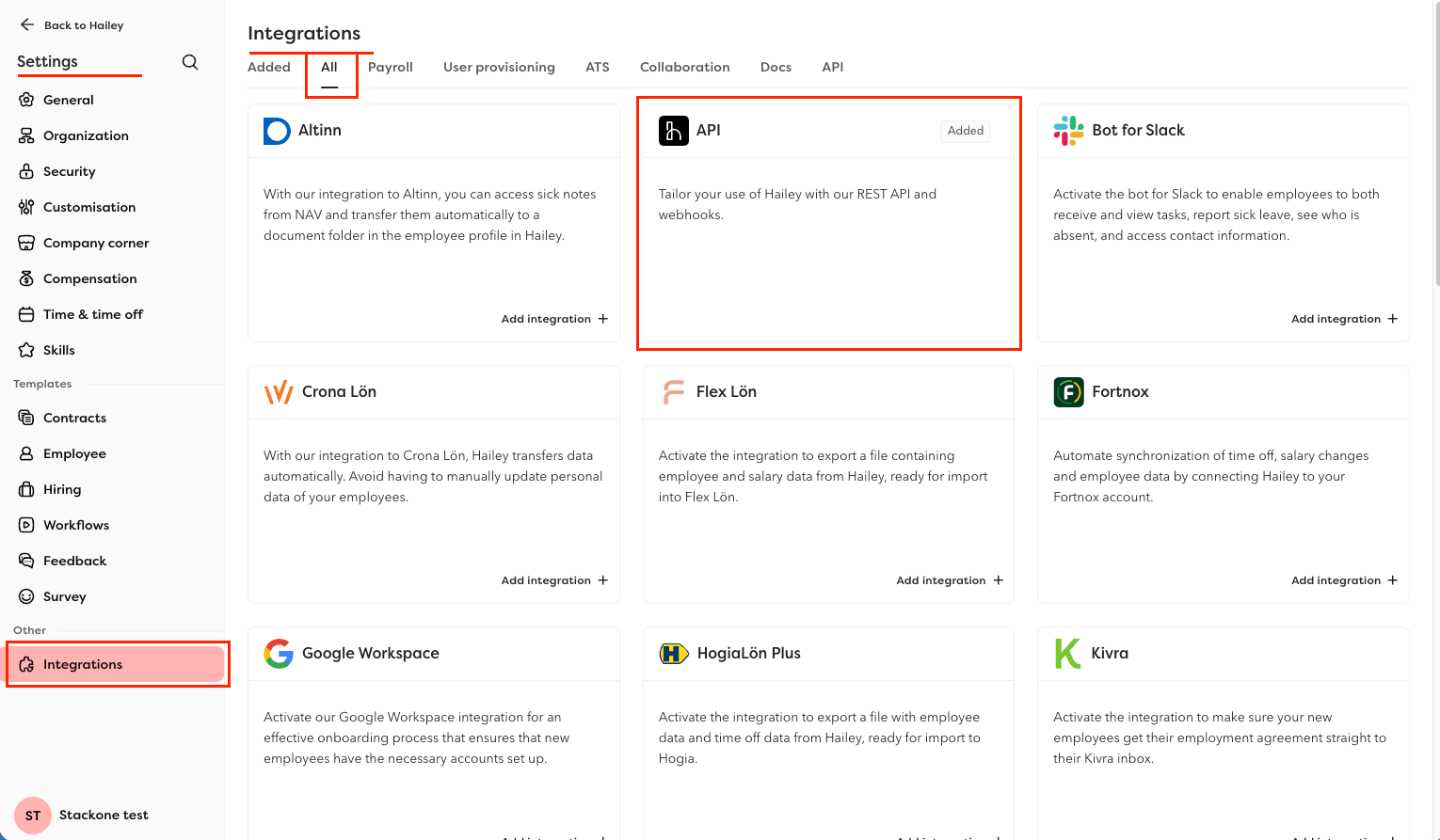 Hailey HR API integration page