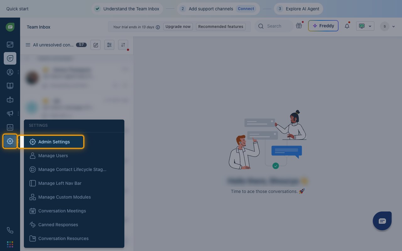 The Freshchat settings menu with Admin Settings highlighted