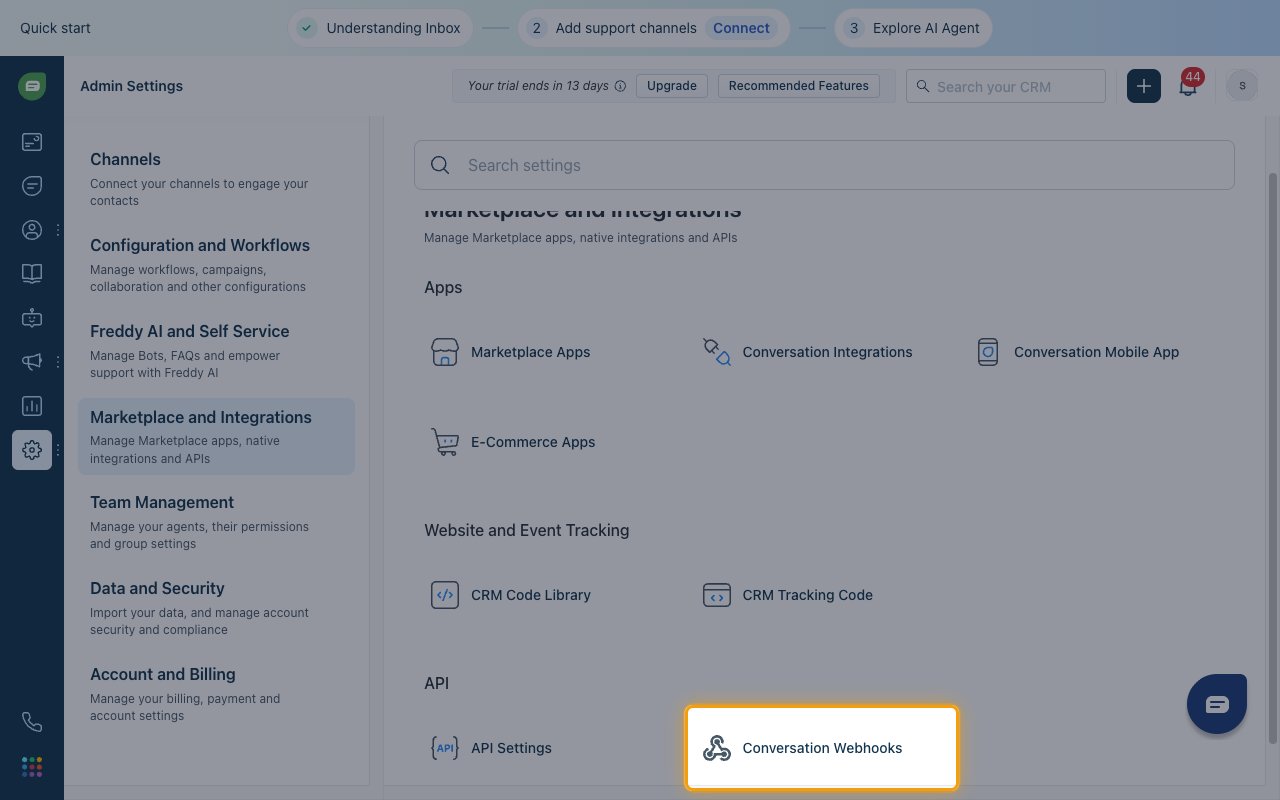 The Marketplace and Integrations settings with the Conversation Webhooks tile highlighted