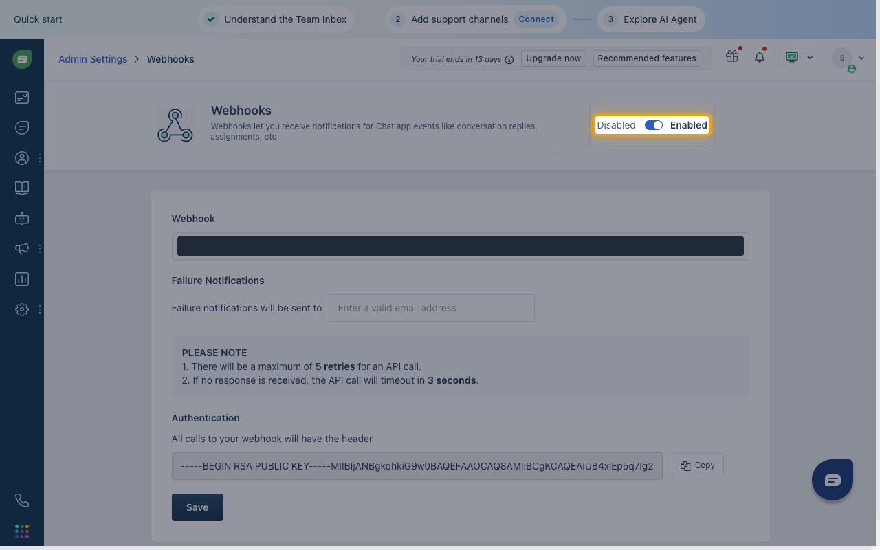The Webhooks page with the Disabled and Enabled toggle highlighted