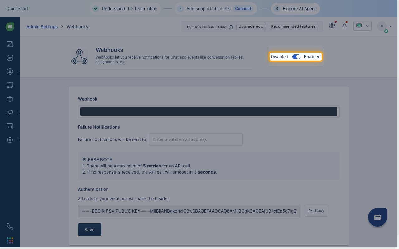 The Webhooks page with the Disabled and Enabled toggle highlighted