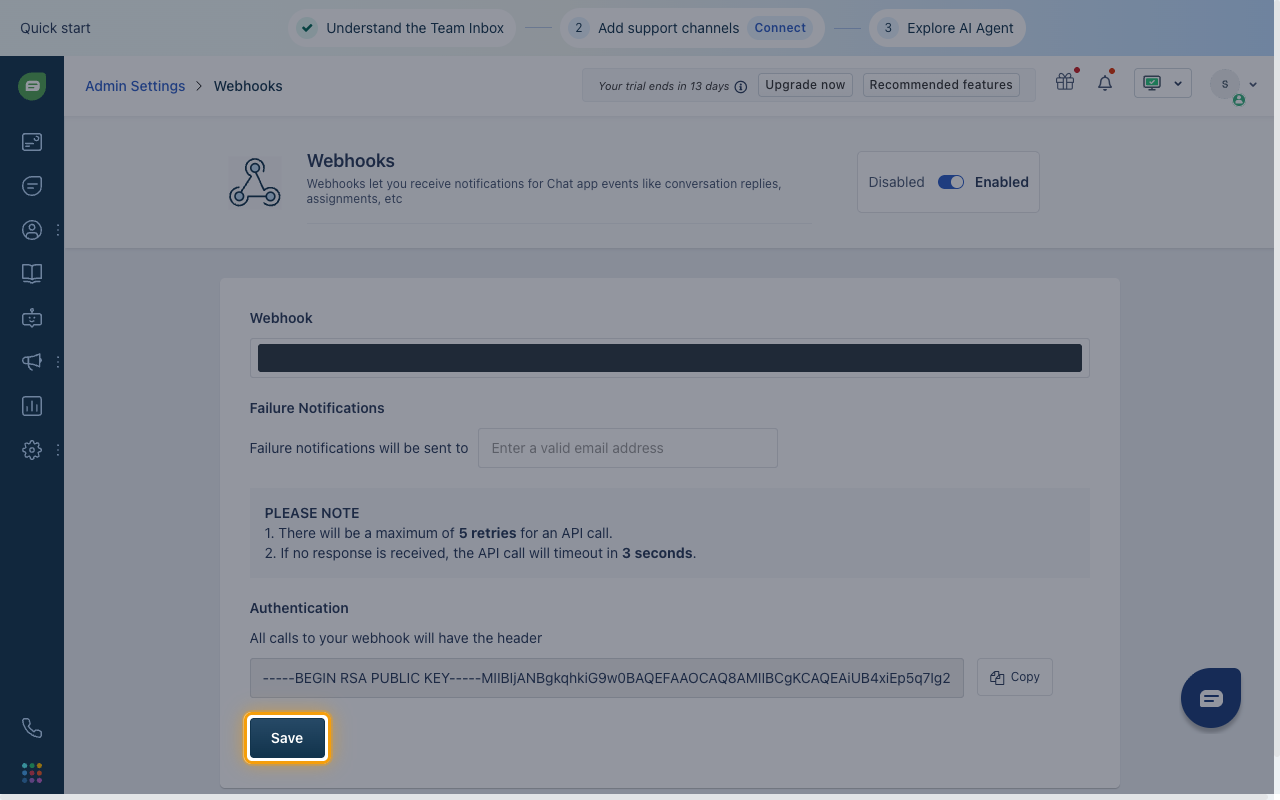 The Save button highlighted at the bottom of the Freshchat Webhooks page