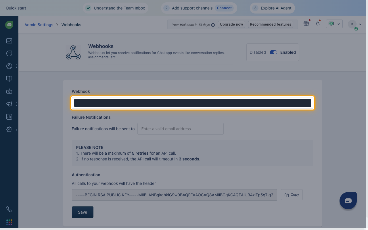 The Webhook URL field highlighted on the Freshchat Webhooks page