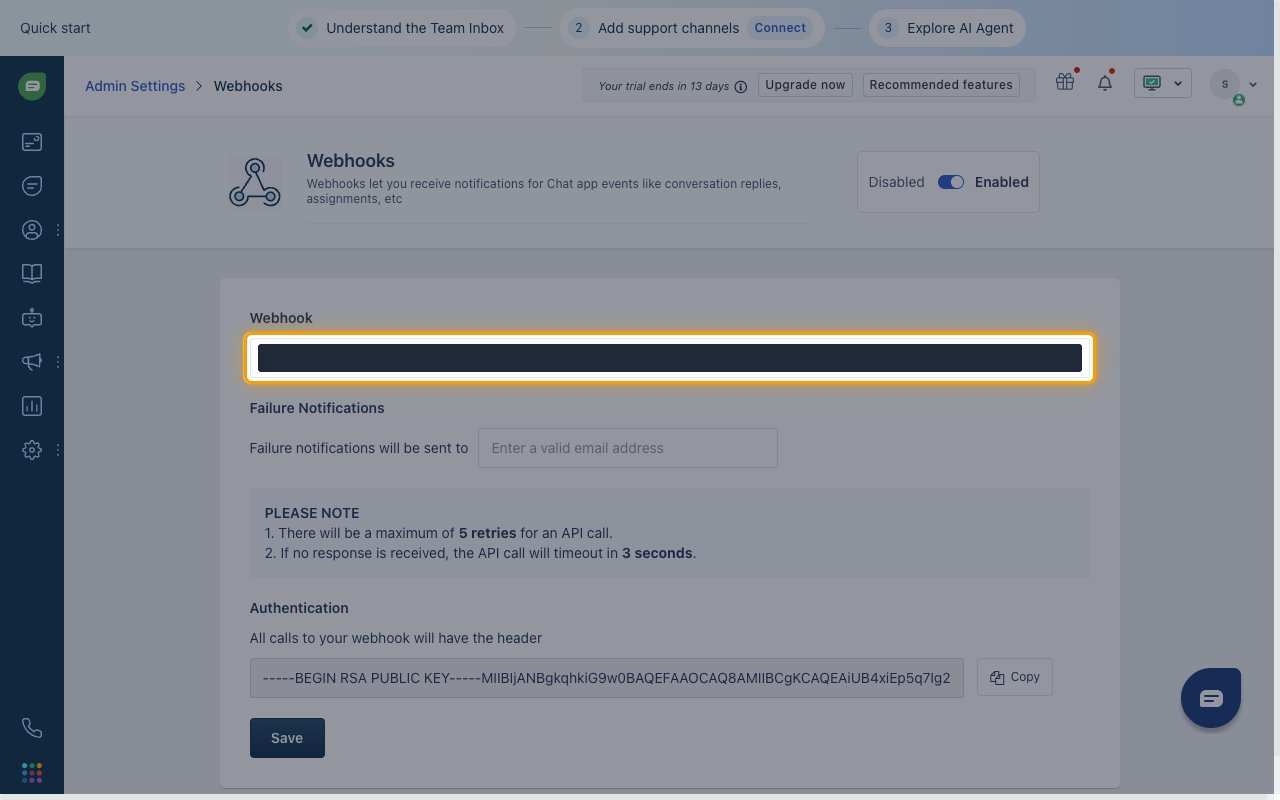 The Webhook URL field highlighted on the Freshchat Webhooks page