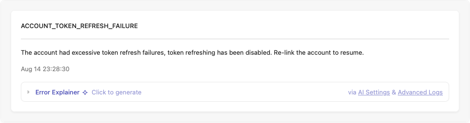Error Explainer on Account Page