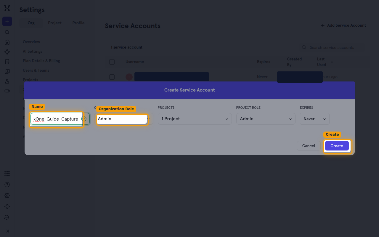 The Create Service Account dialog with the Name, Organization Role, Projects, Project Role, Expires and Create button
