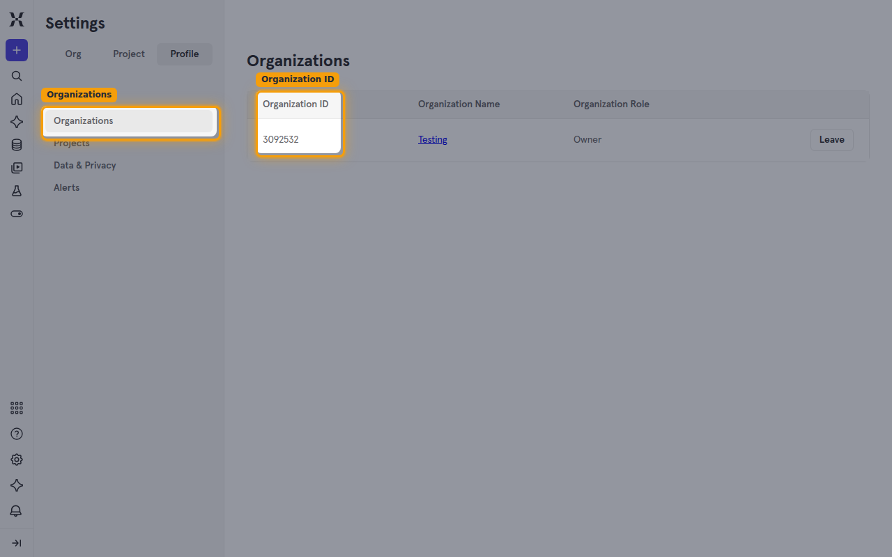 The Profile Organizations page showing the Organization ID column